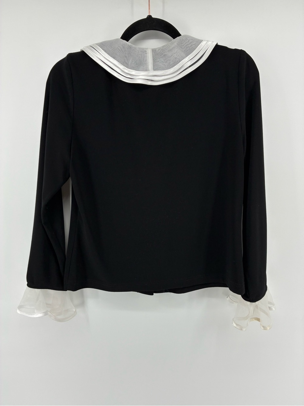 Joseph Ribkoff Black Blouse with White Ruffle Collar and Cuffs - Picture 8 of 11